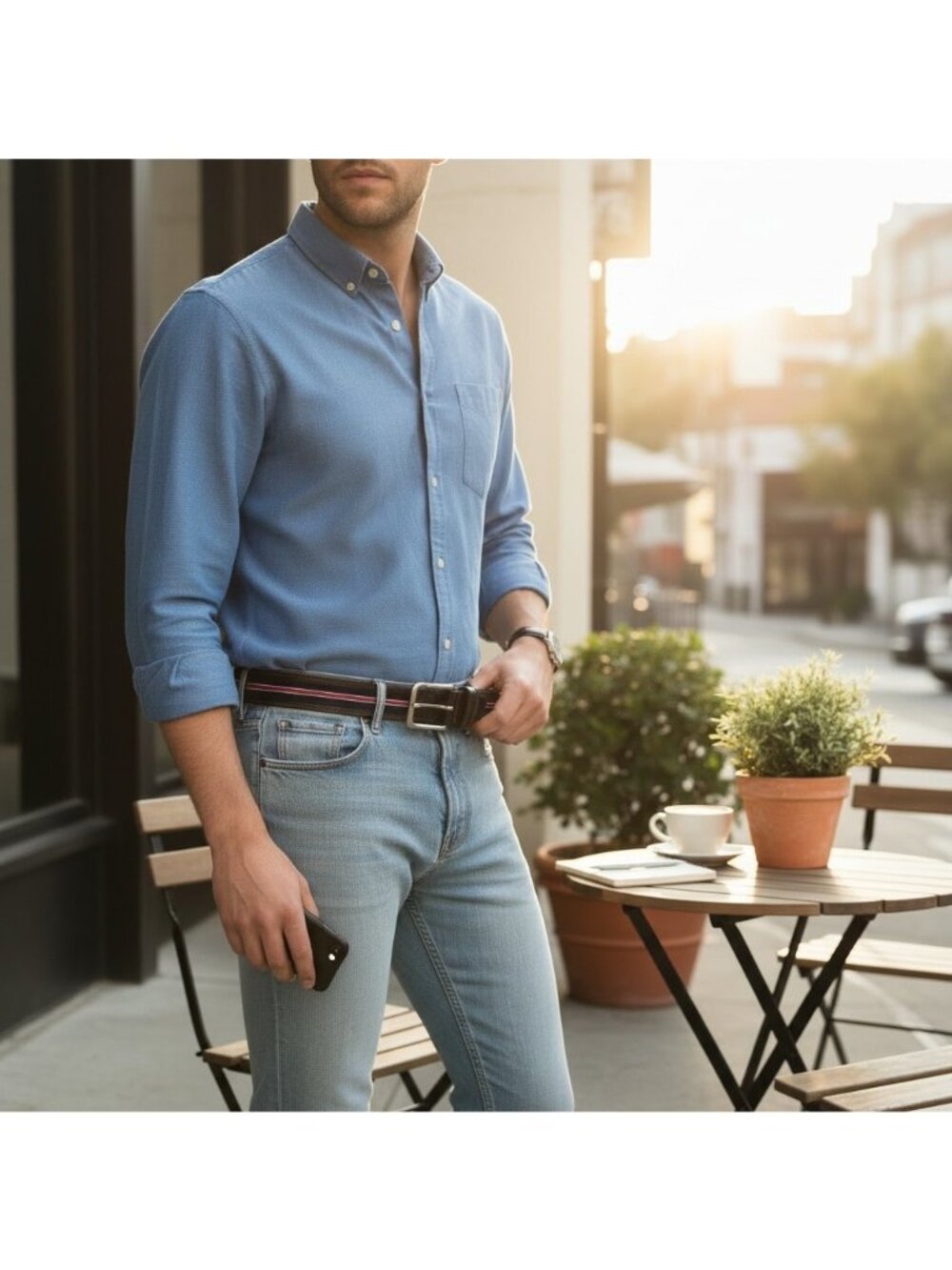 Tommy Hilfiger Brown Leather Belt With Red & Navy Striped Fabric Accent